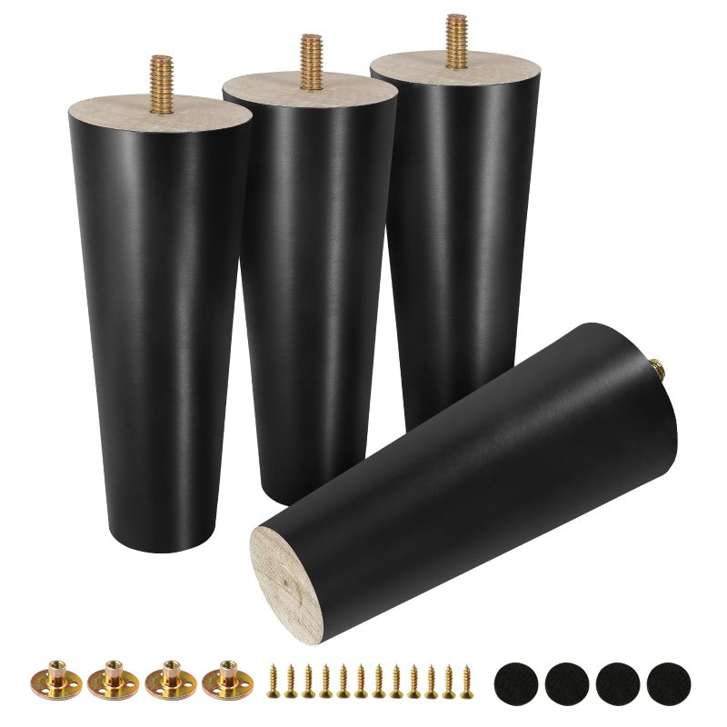 FoDau770 Black Rubber Wood Furniture Legs 6 Inches, Straight Tapered Wood Legs Mid Century Sofa Legs Set of 4, 5/16"" UNC Furniture Feet Replacement Legs for Cabinet Sofa Couch Dresser Chair Ottoman - Image 1